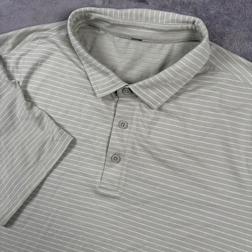 Lululemon Evolution Polo Shirt Mens L Green White Striped Golf Stretch Preppy